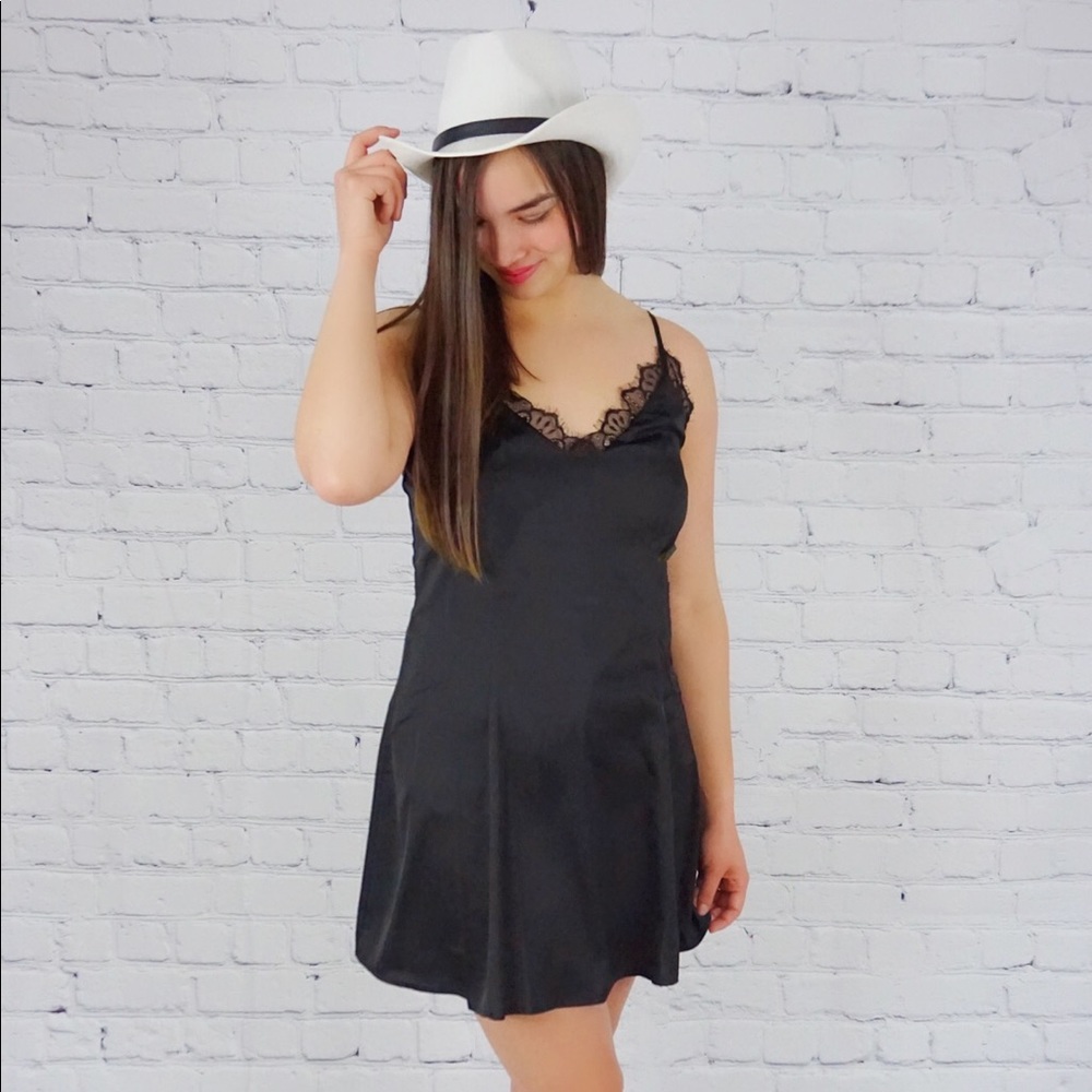 Black Satin Slip Dress with Lace